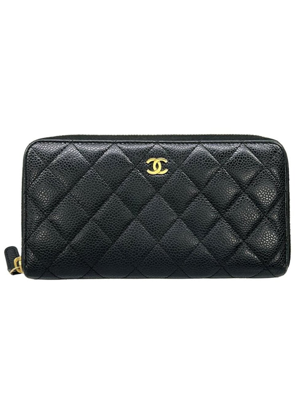 Chanel Wallet Quilted Black CC Logo Gold Zip Around